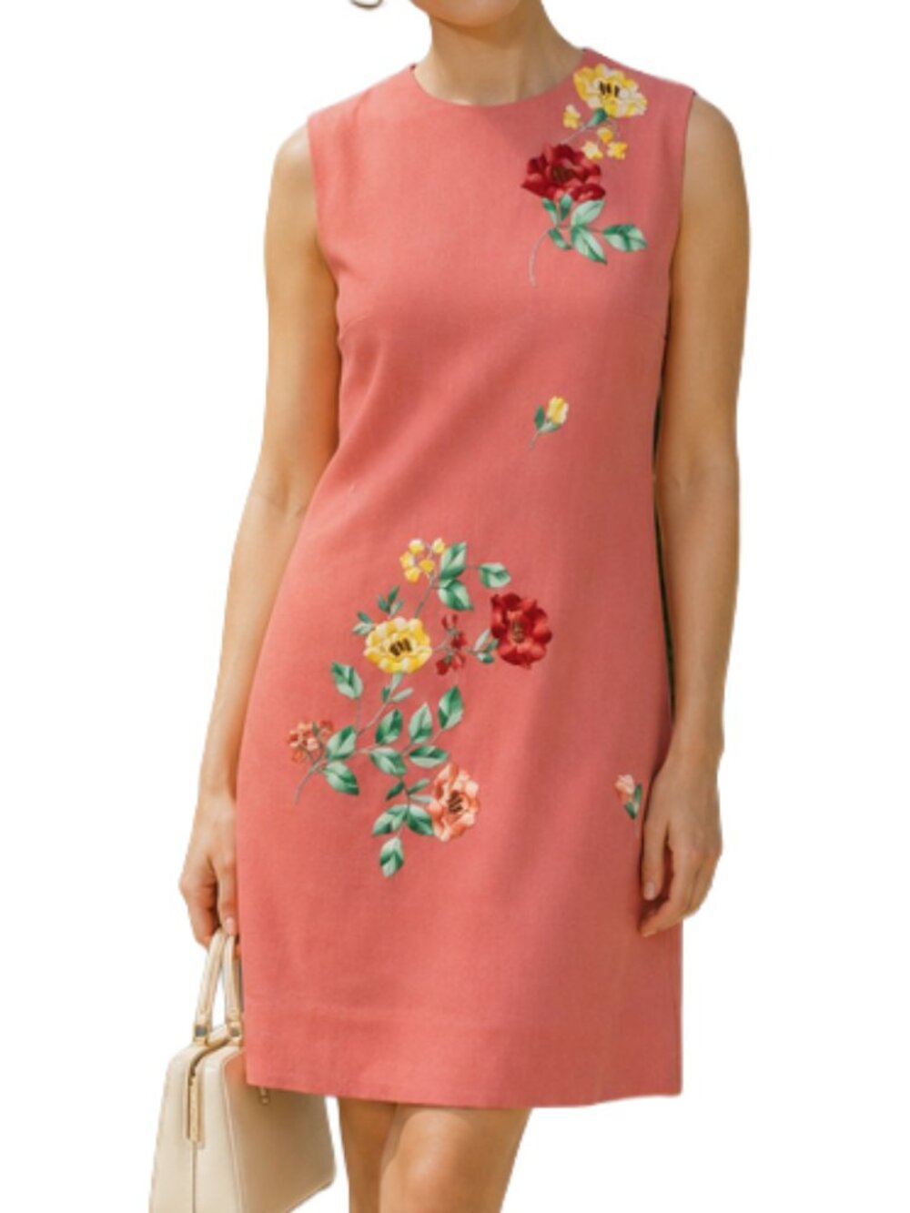 Vintage 60s Hand Sewn Dress Coral Pink Mod Mid Century Embroidered Sheath Mini